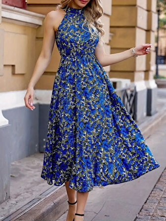 SUPPLİERBY Kadın Omuzlardan Açık Daire Yaka Desenli Maxi Süprem Elbise