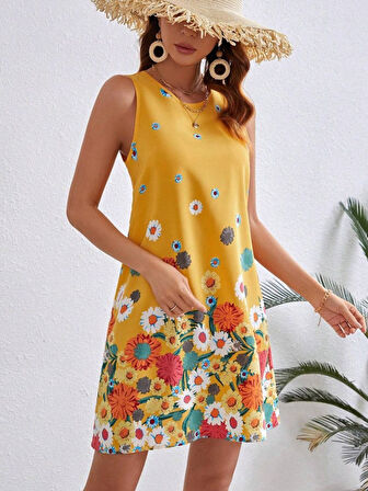 SUPPLİERBY Kadın Sıfır Kollu Bisiklet Yaka çiçek Desenli Süprem Mini Elbise