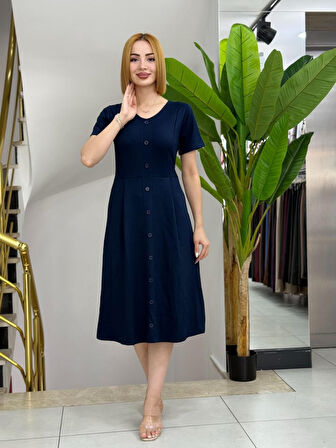 SUPPLİERBY Kadın Kısa Kollu V Yakalı önden Düğmeli A Kesim Dokuma Elbise