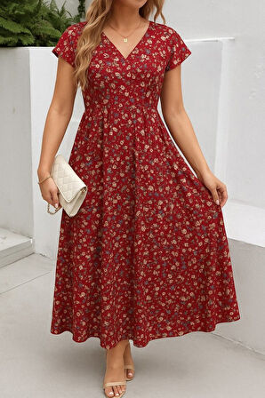 SUPPLİERBY Kadın Kısa Kollu Kruvaze Yaka Beli Lastikli çiçek Desenli Elbise