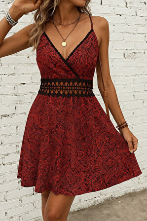 SUPPLİERBY Kadın Ip Askılı Kruvaze Yakalı Desenli Mini Süprem Mini Elbise