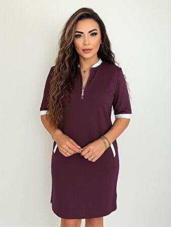 SUPPLİERBY Kadın Kısa Kollu Yakadan Fermuarlı Cepli Yandan Yırtmaçlı Viskon Elbise