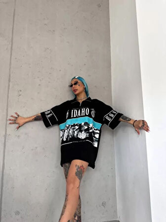 SUPPLİERBY Unisex Baskılı Yarım Fermuarlı T-Shirt - Siyah