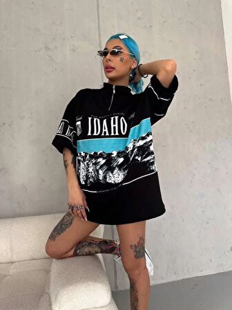 SUPPLİERBY Unisex Baskılı Yarım Fermuarlı T-Shirt - Siyah