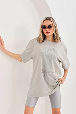SUPPLİERBY Unisex Taş Desenli Oversize T-Shirt - Gri