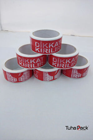 Dikkat Kırılır Yazılı Koli Bandı 45mm X 100m (6 Adet) - Hassas Ürünler İçin Güvenlik ve Uyarı Bandı