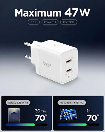 Spigen 47W USB-C 2 Port Mini Hızlı Şarj Aleti PPS 2.0 Desteği/Isı Düşürücü GaN Pro Destekli Akım Korumalı Güç Adaptörü iPhone, Android, iPad, MacBook Type-C - ACH08707