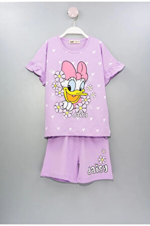İSOB Lila Daisy Desenli Kolları Fırfırlı %100 Pamuk Kız Çocuk Kısa Kollu Şortlu Takım 3-12 Yaş 23302-L