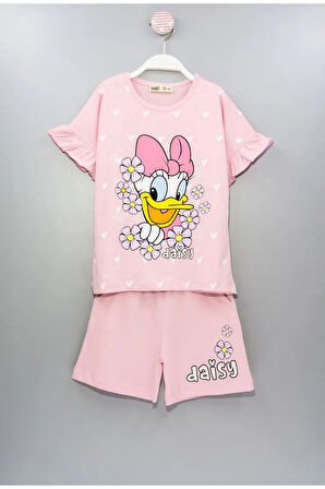 İSOB Pembe Daisy Desenli Kolları Fırfırlı %100 Pamuk Kız Çocuk Kısa Kollu Şortlu Takım 3-12 Yaş 23302-P