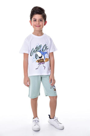 İSOB Beyaz Balina Desenli %100 Pamuk Erkek Çocuk Kısa Kollu Şortlu Takım 3-12 Yaş 24403-B