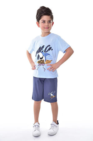 İSOB Mavi Balina Desenli %100 Pamuk Erkek Çocuk Kısa Kollu Şortlu Takım 3-12 Yaş 24403-M