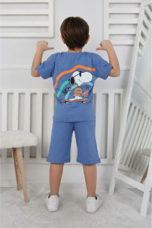 İSOB Mavi Snoopy Desenli %100 Pamuk Erkek Çocuk Kısa Kollu Şortlu Takım 3-12 Yaş 24407-M