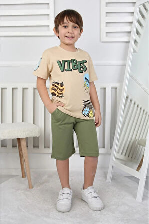 İSOB BeJ Vibes Desenli %100 Pamuk Erkek Çocuk Kısa Kollu Şortlu Takım 3-12 Yaş 24410-BE