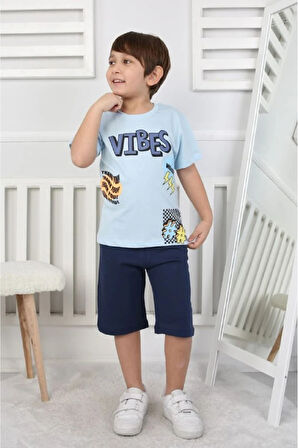 İSOB Mavi Vibes Desenli %100 Pamuk Erkek Çocuk Kısa Kollu Şortlu Takım 3-12 Yaş 24410-M