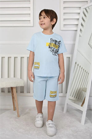 İSOB Mavi Kaplan Desenli %100 Pamuk Erkek Çocuk Kısa Kollu Şortlu Takım 3-12 Yaş 24411-M