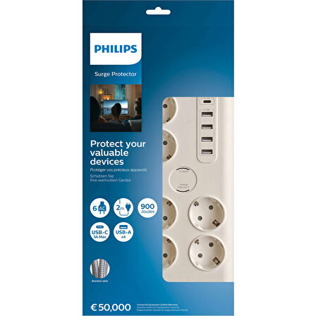 SPN7060WA/62 6'lı Akım Korumalı & 5 USB Girişli Prız 900J 2 M 1 x Type C - 4 x Type A SPN7060WA/62