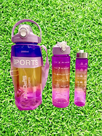 SPORTS Renkli Akrilik Spor 3lü Motivasyon Suluk Matara 3adet 2000ml 900ml 350ml
