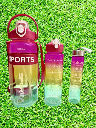SPORTS Renkli Akrilik Spor 3lü Motivasyon Suluk Matara 3adet 2000ml 900ml 350ml