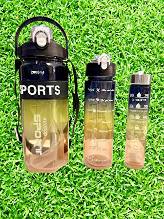 SPORTS Renkli Akrilik Spor 3lü Motivasyon Suluk Matara 3adet 2000ml 900ml 350ml
