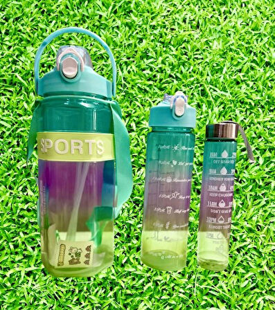 SPORTS Renkli Akrilik Spor 3lü Motivasyon Suluk Matara 3adet 2000ml 900ml 350ml