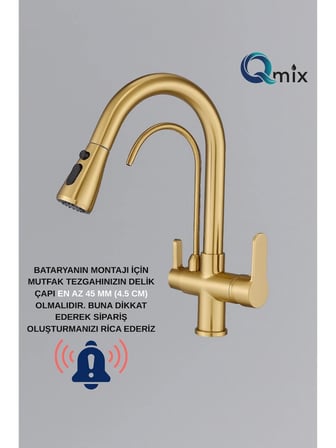 SPİRALLİ ARITMALI LÜX MUTFAK EVİYE BATARYASI MAT GOLD RENK PİRİNÇ GÖVDE