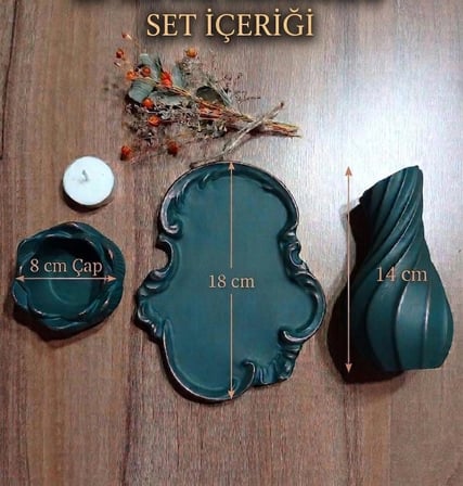 Aurora Set El Yapımı Eskitme Yeşil Burgulu Vazo + Lotus Mumluk + Tepsi Koyu Yeşil 
