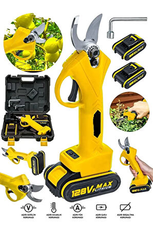 25 MM Geniş Gövdeli Çift Akülü 128WF Profesyonel Şarjlı Bağ Dal Ağaç Budama Makası Çelik Ağız