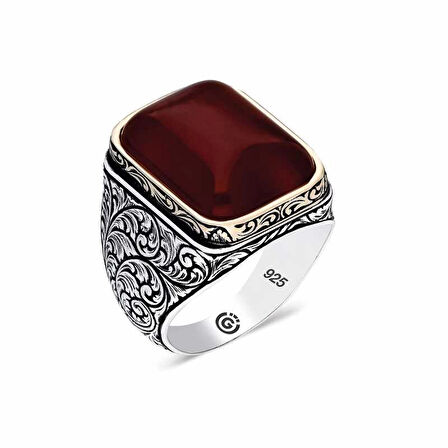 Supertrend ​gümüş Zirkon Koyu Bordo  Taşlı Kare Erkek Yüzük