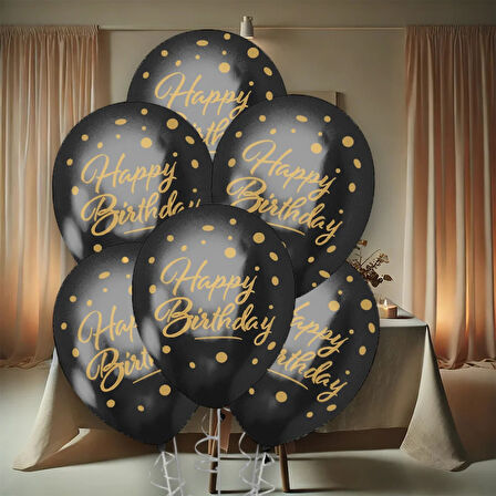 Altın Happy Birthday Baskılı Siyah Krom Balon 12"