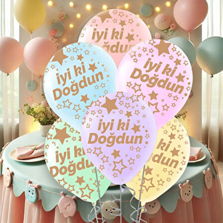 Çepeçevre Yıldızlı İyi ki Doğdun Baskılı Karışık Renk Makaron Balon 11"