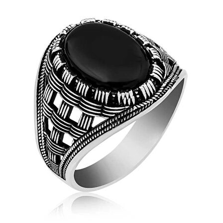 Supertrend ​gümüş Oniks Taşlı Örgü Desenli Erkek Yüzük