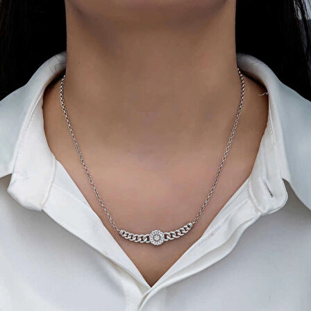 Supertrend Gümüş Gurmet Zincirli Yuvarlak Baget Taşlı Kadın Kolye