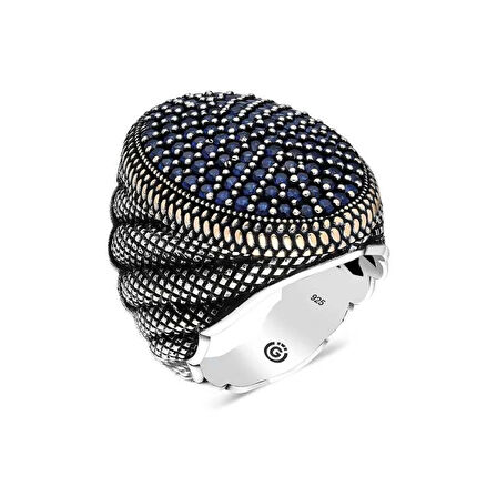 Supertrend Gümüş Lacivert Zirkon Taşlı Oval Erkek Yüzük