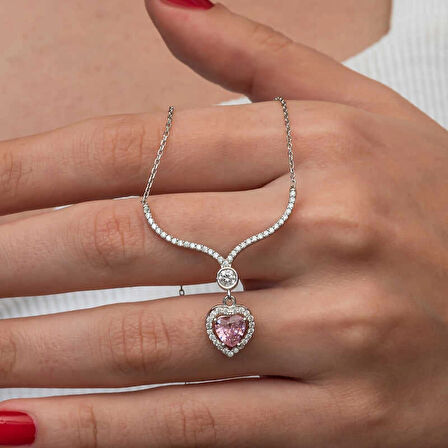 Supertrend Gümüş Pembe Zirkon Taşlı Kalp Kadın Kolye