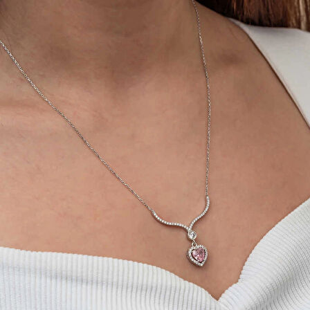 Supertrend Gümüş Pembe Zirkon Taşlı Kalp Kadın Kolye