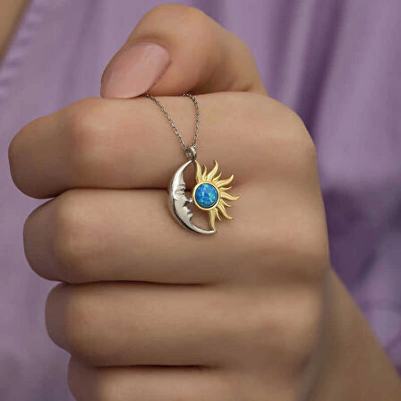 Supertrend Gümüş Opal Mavi Taşlı Ay Güneş Kadın Kolye