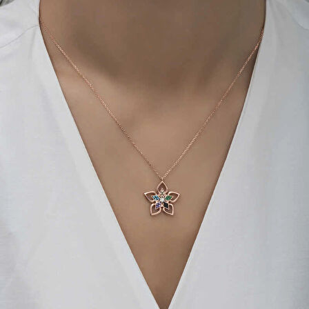 Supertrend ​gümüş Rose Renkli Taşlı Çiçek Kadın Kolye