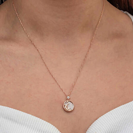 Supertrend Gümüş Rose Sedef Taşlı Ay Yıldız Hilal Kadın Kolye