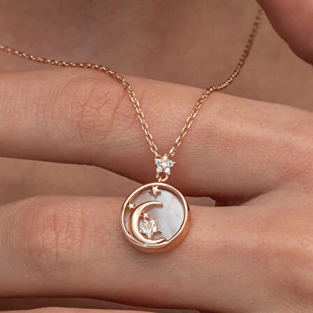 Supertrend Gümüş Rose Sedef Taşlı Ay Yıldız Hilal Kadın Kolye