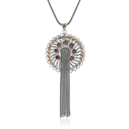 Supertrend Gümüş Telkari Yakut Zümrüt Renkli Taşlı Kadın Kolye