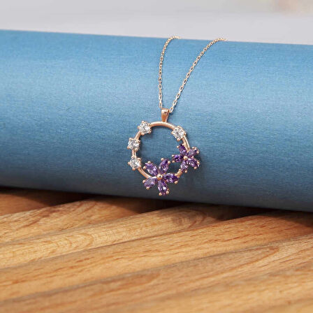 Supertrend Gümüş Rose Mor Çiçek Kadın Kolye
