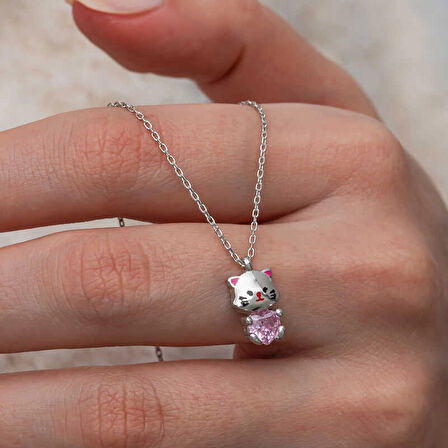 Supertrend Gümüş Pembe Taşlı Sevimli Kedi Kadın Kolye