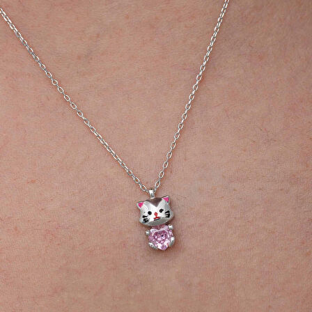 Supertrend Gümüş Pembe Taşlı Sevimli Kedi Kadın Kolye