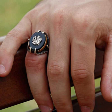 Supertrend Gümüş Siyah Taşlı Kartal Pençesi Osmanlı Devlet Arması Erkek Yüzük