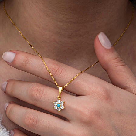 Supertrend Gümüş Mavi Taşlı Gold Çiçek Kadın Kolye