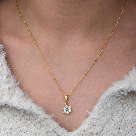 Supertrend Gümüş Mavi Taşlı Gold Çiçek Kadın Kolye