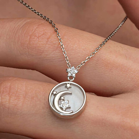 Supertrend Gümüş Sedef Taşlı Ay Yıldız Hilal Kadın Kolye