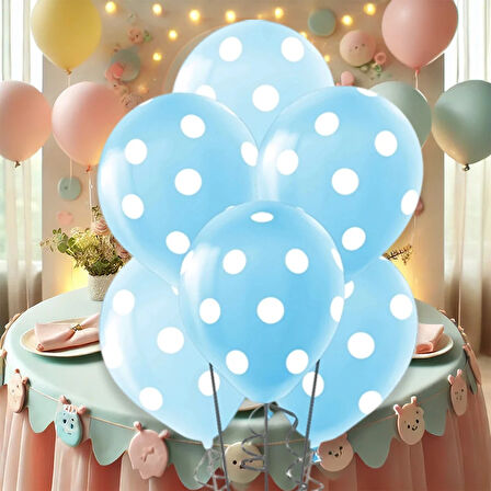 Çepeçevre Beyaz Puantiyeli Açık Mavi Balon 12"