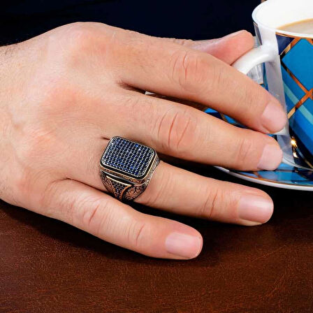 Supertrend Gümüş Lacivert Zirkon Taşlı Kare Erkek Yüzük