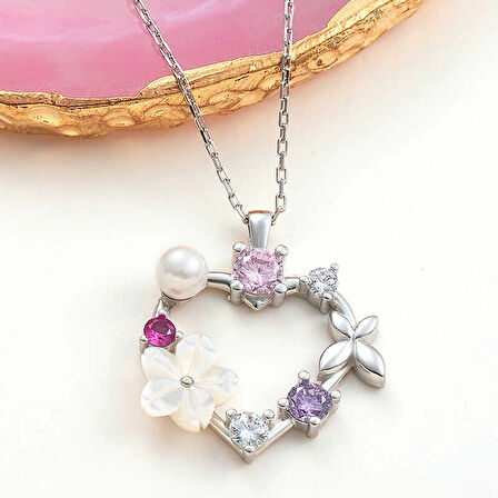 Supertrend Gümüş Kalp Manolya Çiçeği Kelebek Kadın Kolye